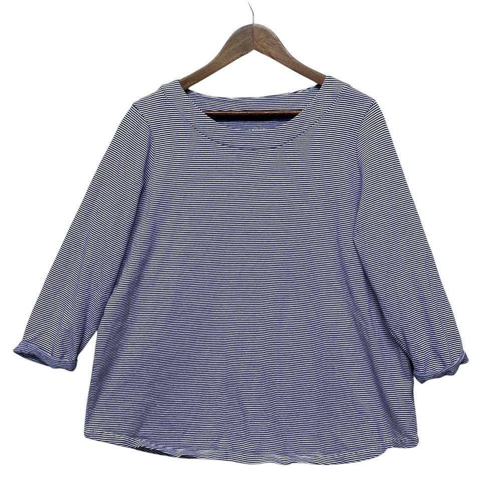 Talbots‎ Womens Plus Size 1X Blue White Stripe 3/4 Sleeve Scoop Neck 100% Cotton